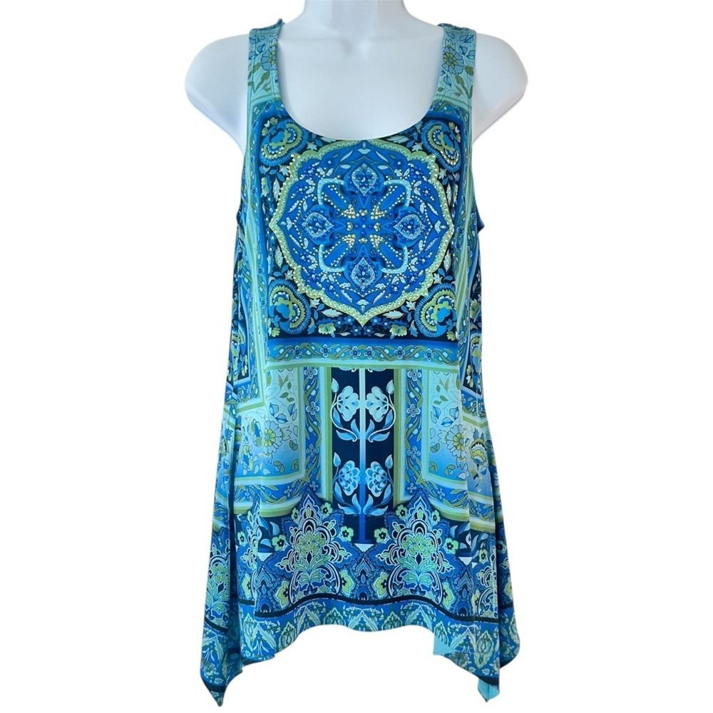 Vintage Y2K Boho Fairy Blue Green Beaded Mandala Tank Top Size S Phoebe Buffay